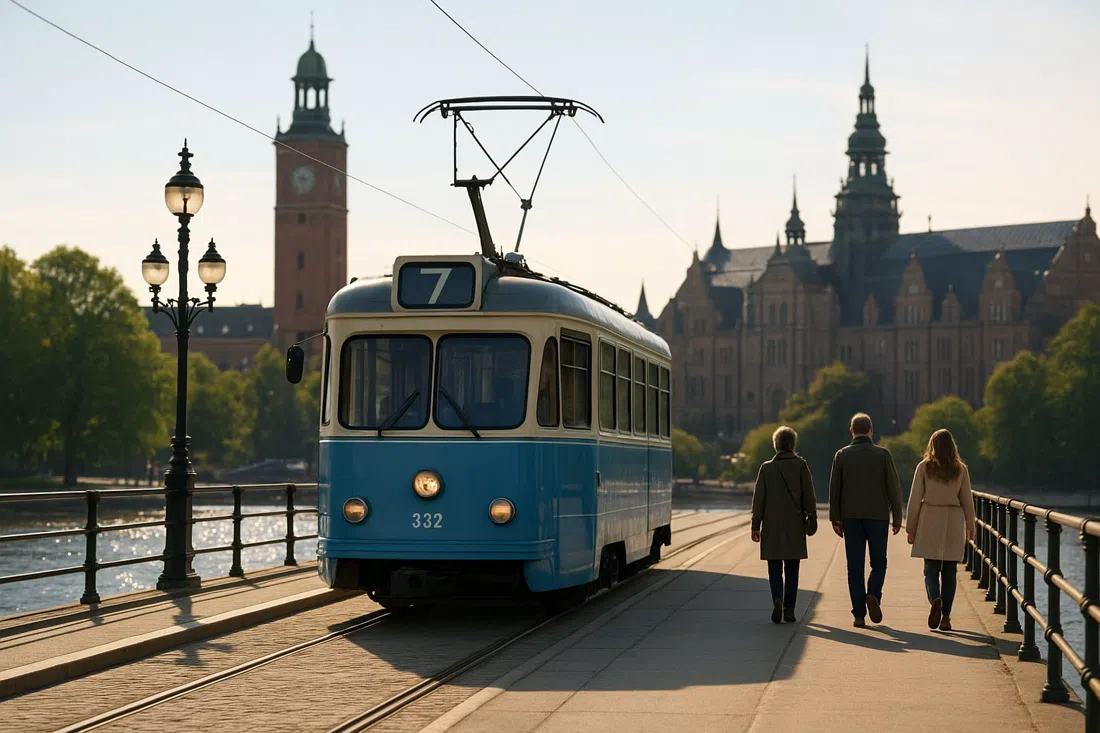 tram 7 crossing Djurgårdsbron toward Djurgården in morning light, water glinting below and museum visitors walking ahead