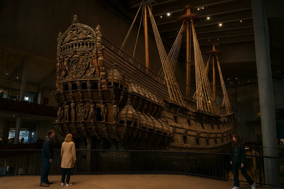 the Vasa Museum’s preserved warship hull in a vast dim hall, carved stern and towering masts under soft museum lighting