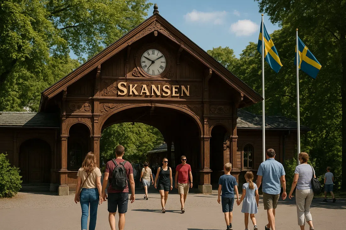 the ornate wooden facade and entrance area of Skansen with visitors, flags and leafy trees, late-morning summer atmosphere