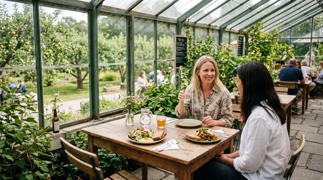 Rosendals Trädgård greenhouse café seating with lunch plates, orchard grass outside and soft summer light filtering through glass