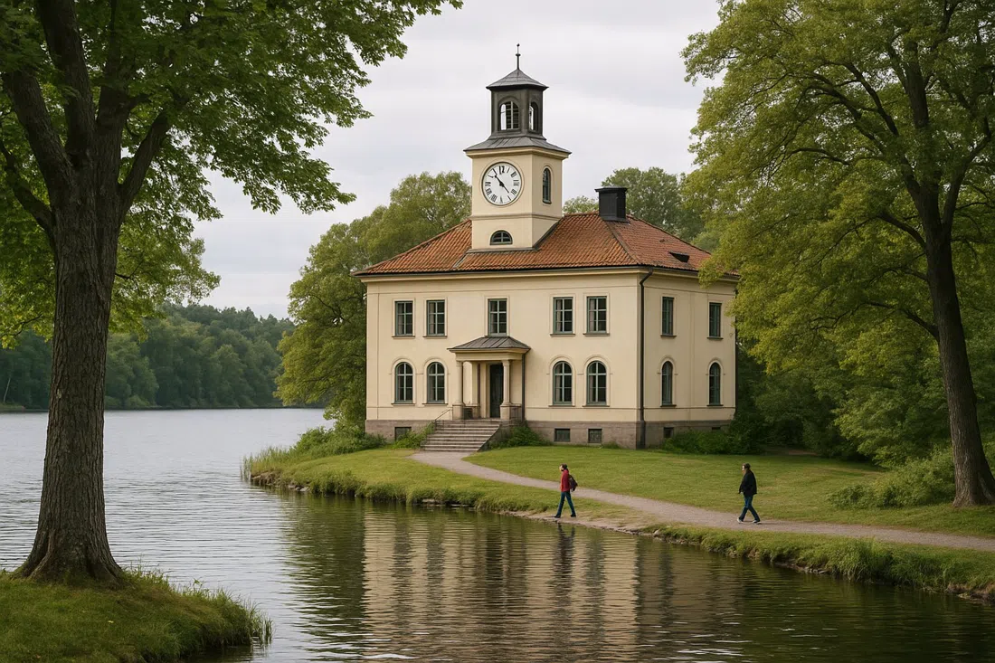 Thielska Galleriet on Blockhusudden in quiet lakeside setting, villa facade framed by trees and still water beyond