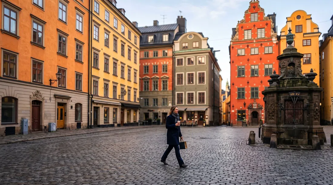 Stortorget in Gamla Stan at early morning light, color-block 17th-century townhouses ringing the square before the tourist crowds arrive