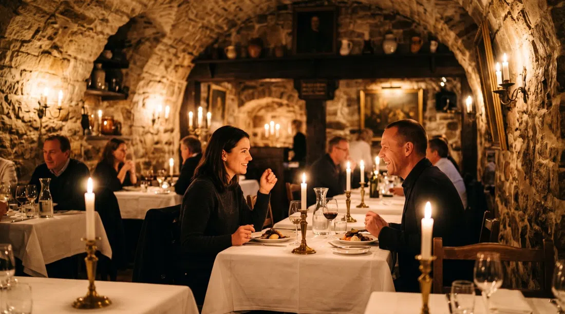 The candlelit dining room at Den Gyldene Freden on Österlånggatan, white tablecloths and historic cellar walls glowing in warm evening light