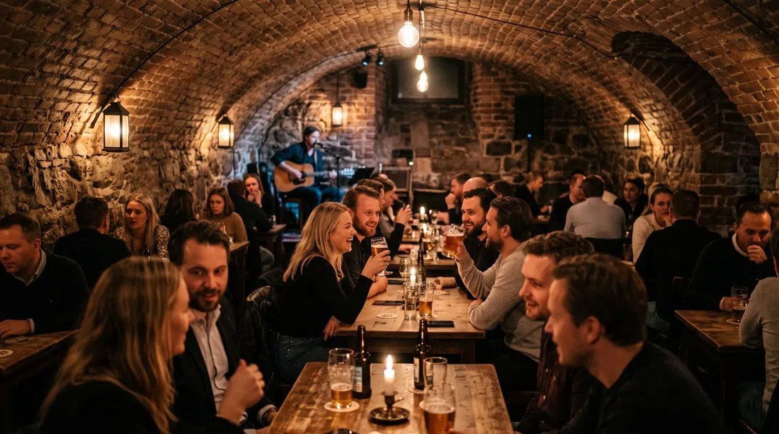 Wirströms Pub’s vaulted cellar room on Stora Nygatan, crowded wooden tables, low brick ceilings and a small live-music setup
