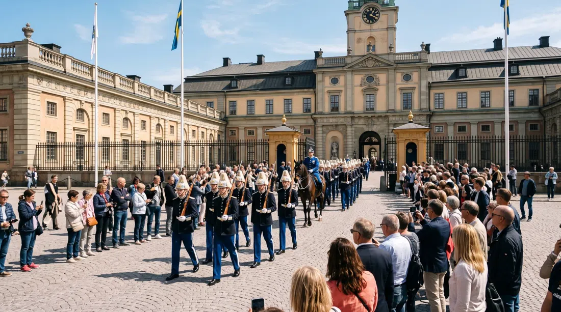 The Royal Palace forecourt in Stockholm with guards and visitors gathered for the 12:15 Changing of the Guard on a clear weekday