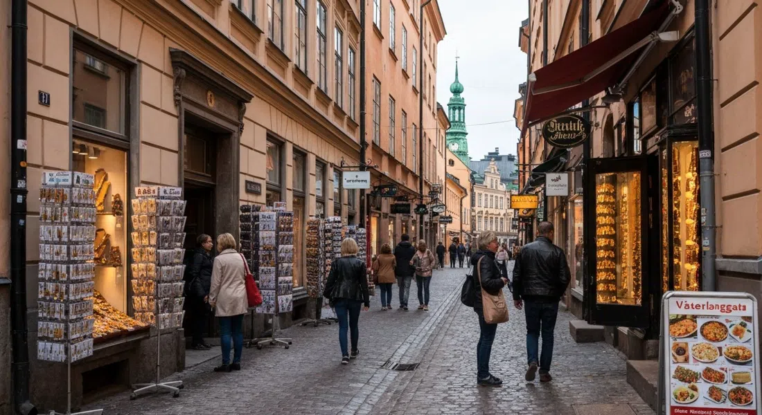 Västerlånggatan in daytime, souvenir stalls and amber jewellery shops packed along the pedestrian lane beneath old plaster facades