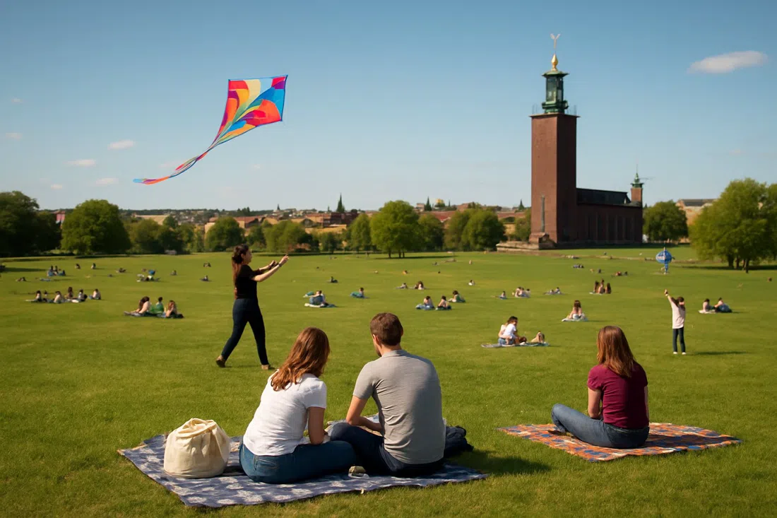 Ladugårdsgärdet’s broad open grassland in Gärdet, Stockholm, with kite-flyers and picnic blankets scattered across the field under a clear weekend sky