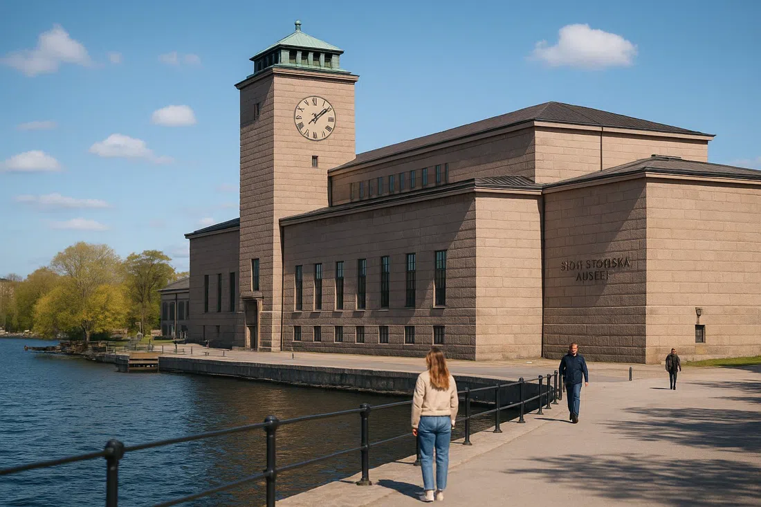 Sjöhistoriska museet on Djurgårdsbrunnsviken in Gärdet, Stockholm, the granite 1938 building beside the water on a bright day
