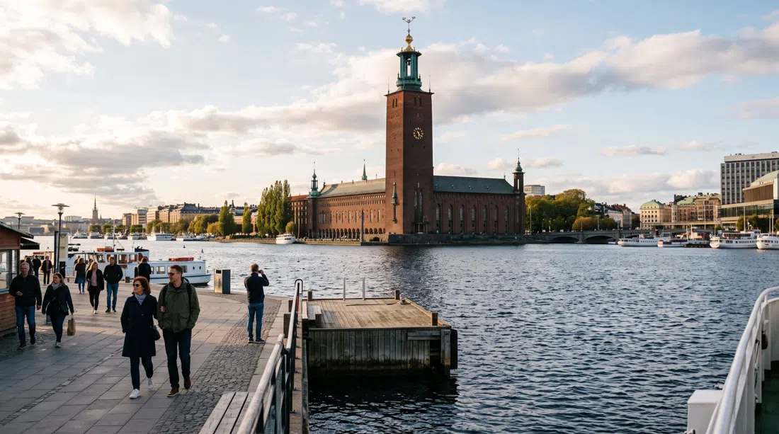 Stockholm City Hall’s red-brick tower above Riddarfjärden at late afternoon, seen from the water with the copper-green spire and the waterfront promenade in the foreground