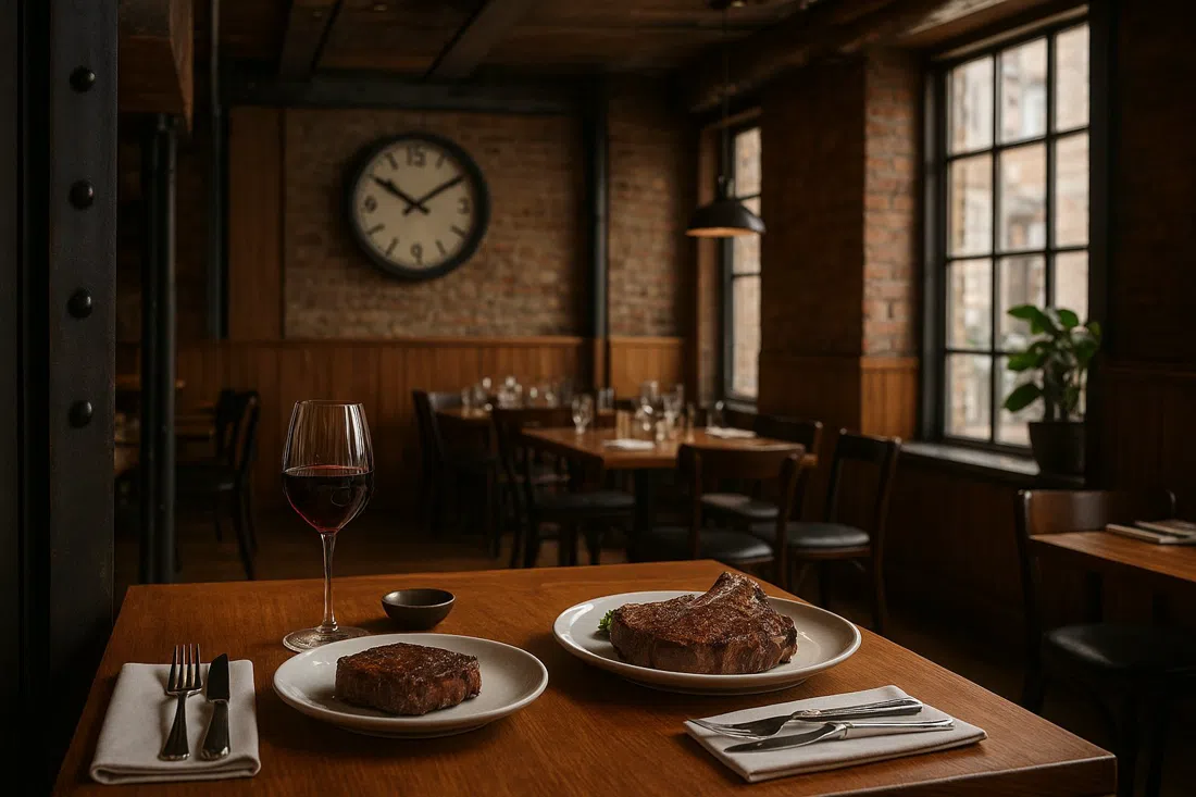 AG’s former workshop interior on Kronobergsgatan, warm wood and steel details around a steakhouse table set for Kobe beef and porterhouse