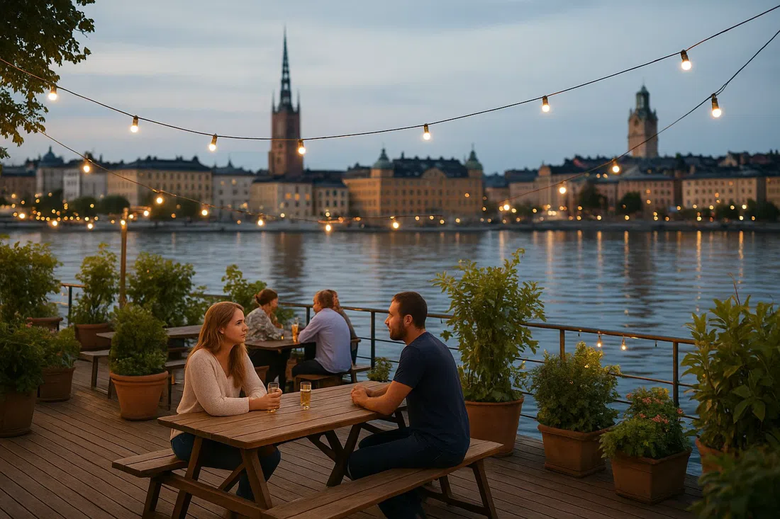 Mälarpaviljongen’s floating pontoon deck on Norr Mälarstrand in summer, plants, fairy lights and Riddarfjärden reflections at dusk