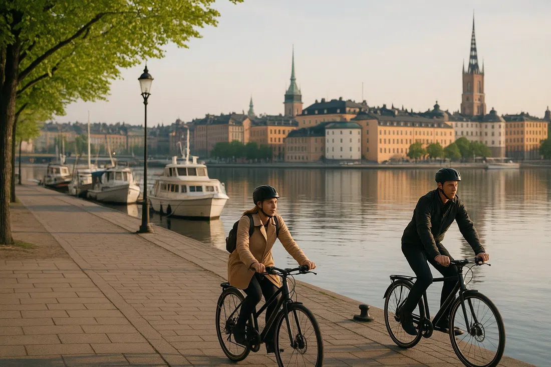 Norr Mälarstrand promenade in soft morning light, cyclists, moored boats and the Old Town skyline across the water