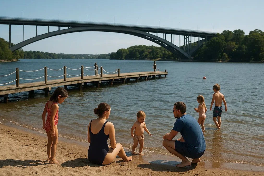 Smedsuddsbadet’s sandy shore and rope-marked bathing jetty on a bright summer day, families at the water’s edge near Västerbron bridge