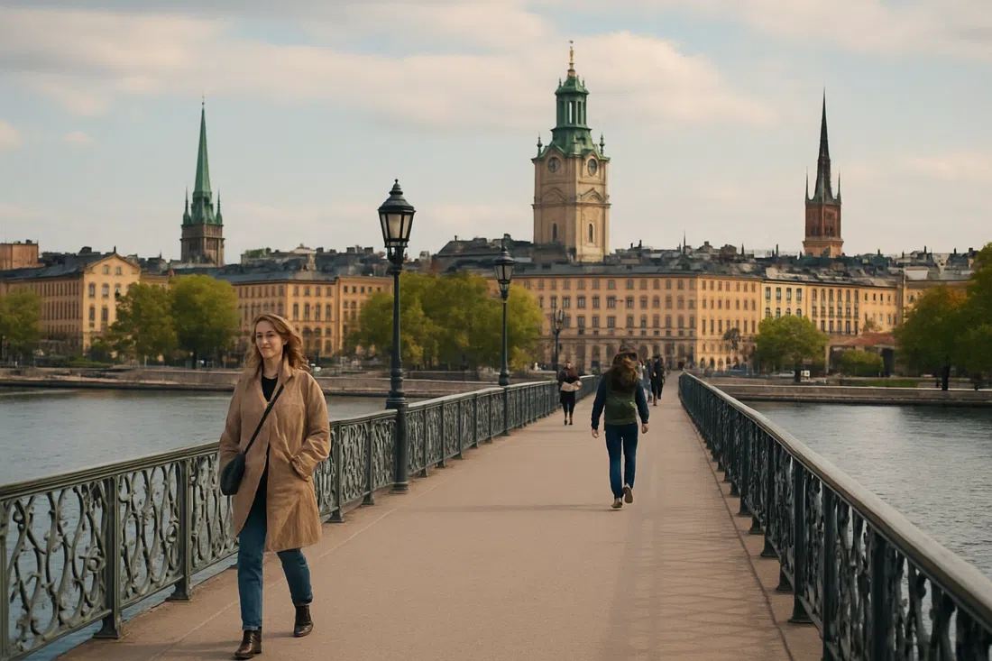 Skeppsholmsbron footbridge from Kungsträdgården leading onto Skeppsholmen in soft daylight, water on both sides and Stockholm’s central skyline behind