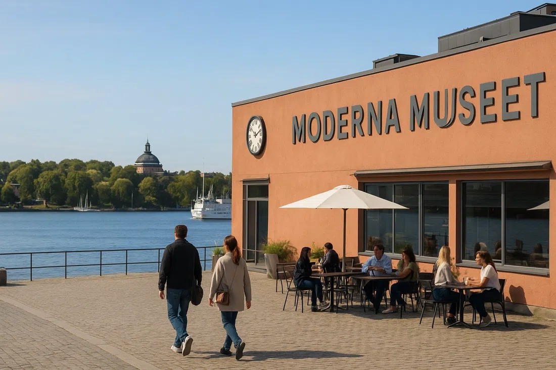 Moderna Museet’s waterfront facade and terrace on Exercisplan, with the harbour and Djurgården visible beyond in clear afternoon light