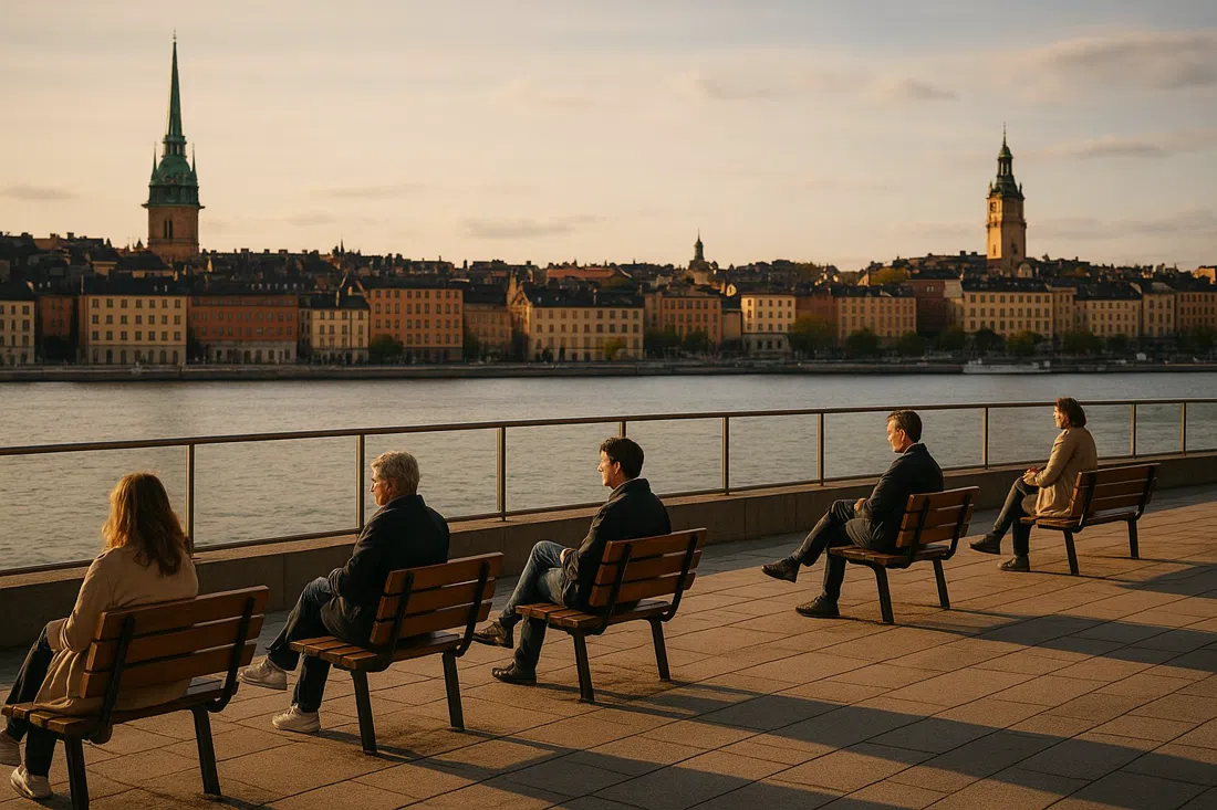 ArkDes terrace overlooking the water toward Gamla Stan and Södermalm, with benches and museum visitors framed by late-afternoon light