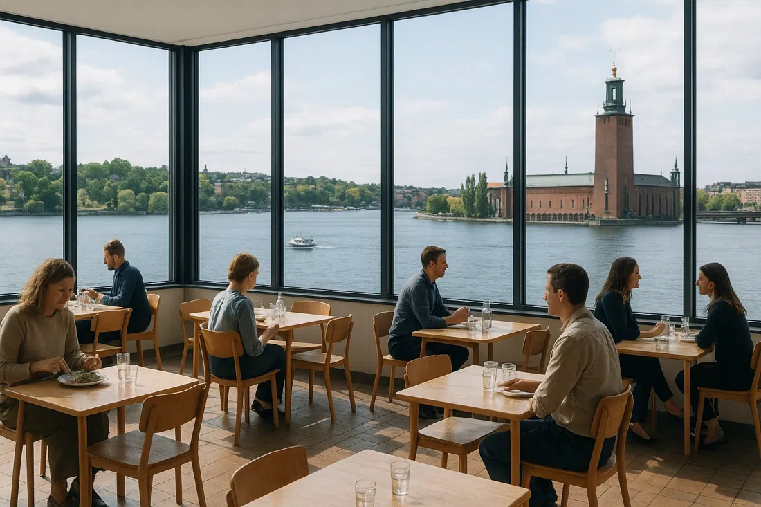 the dining room at Restaurangen Moderna Museet with wall-to-wall harbour windows, lunch tables and the water toward Djurgården beyond