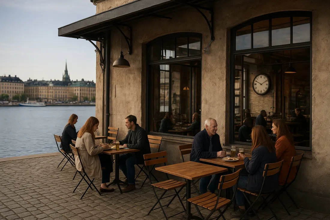 Torpedverkstan’s waterside terrace on Slupskjulsvägen, with Nybroviken in the background and the old workshop interior hinted behind glass