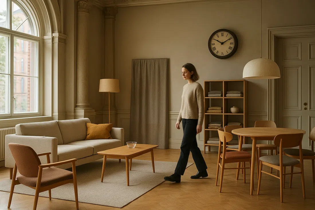 House of Gärsnäs showroom inside a Victorian-era chancellery, with furniture, textiles and lighting arranged like a real apartment interior