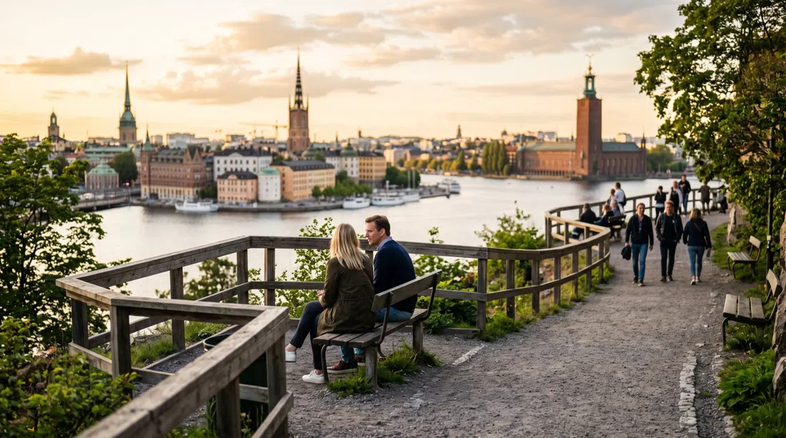 Monteliusvägen at golden hour, the narrow cliff path with benches and small green pockets overlooking Gamla Stan and City Hall across the water