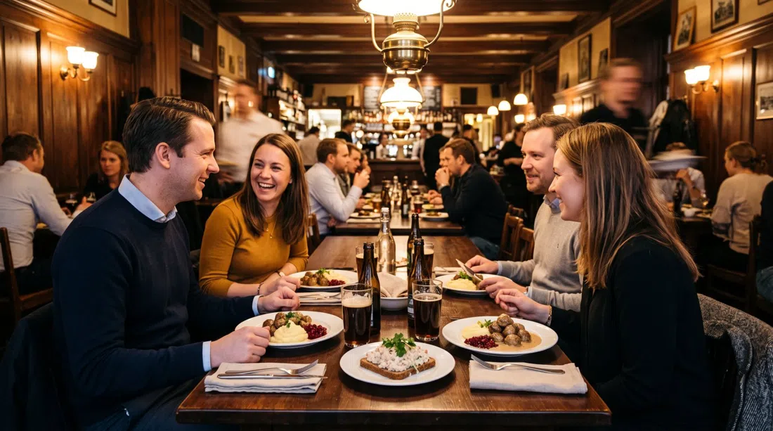 Pelikan’s wood-panelled beer hall on Blekingegatan, with long tables, warm lamps and plates of meatballs with cream sauce and gubbröra on the table