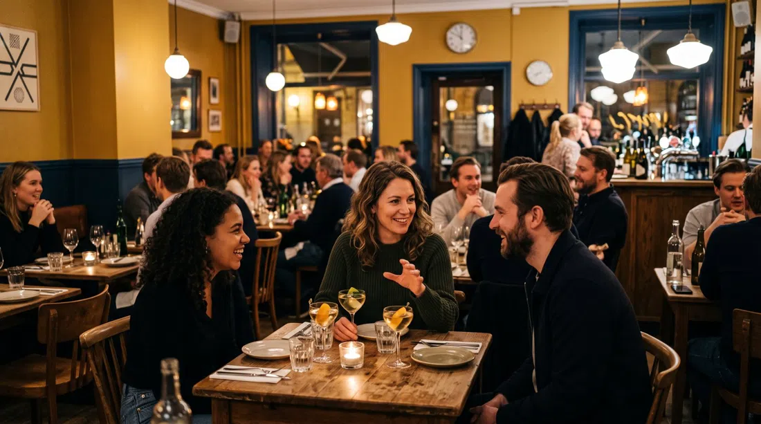 Ponti at Nytorget 13D, the mustard-and-blue dining room with vermouth cocktails and a lively evening buzz