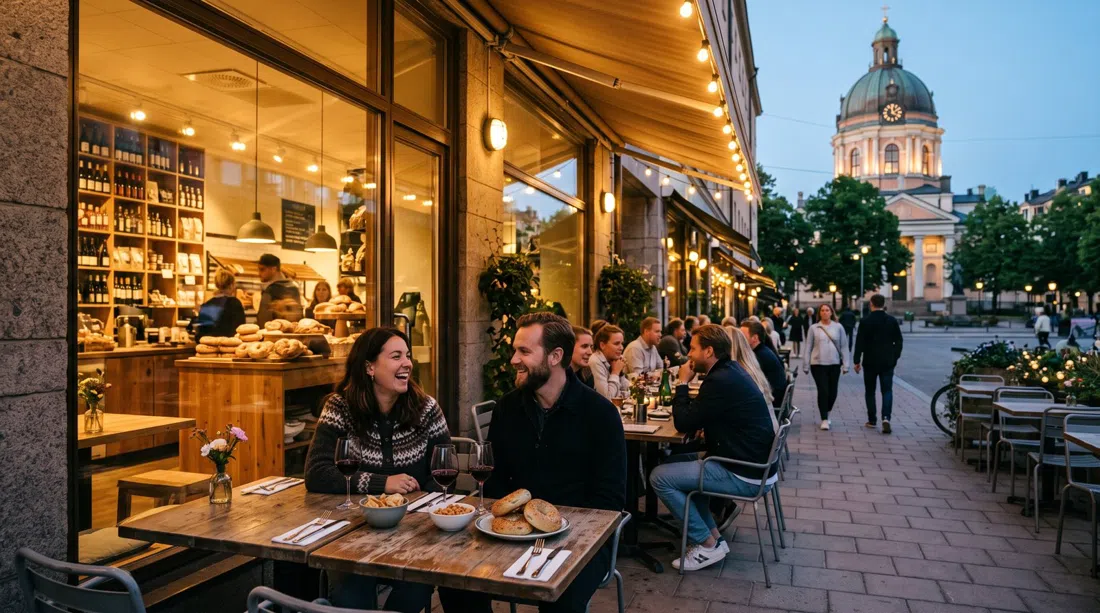 Urban Deli Nytorget’s sidewalk terrace at dusk, tables facing Sofia Church with bagels, wine glasses and deli shelves visible inside