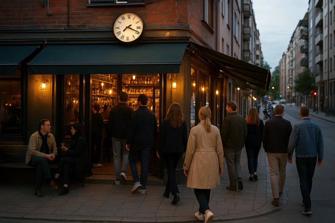 Tjoget on Hornsbruksgatan in Hornstull, the busy cocktail bar exterior near the metro with evening light and people arriving for drinks