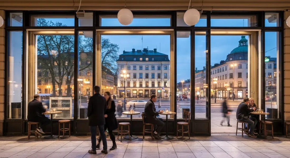 Hernö Gin Bar on the Götgatan and Hornsgatan corner, tall windows, marble floors and the view toward Slussen at night