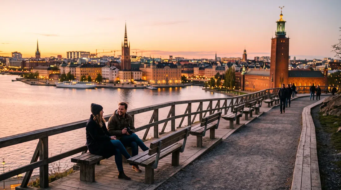 The Monteliusvägen cliff path at sunset, benches along the rail and Gamla Stan and City Hall glowing across the water