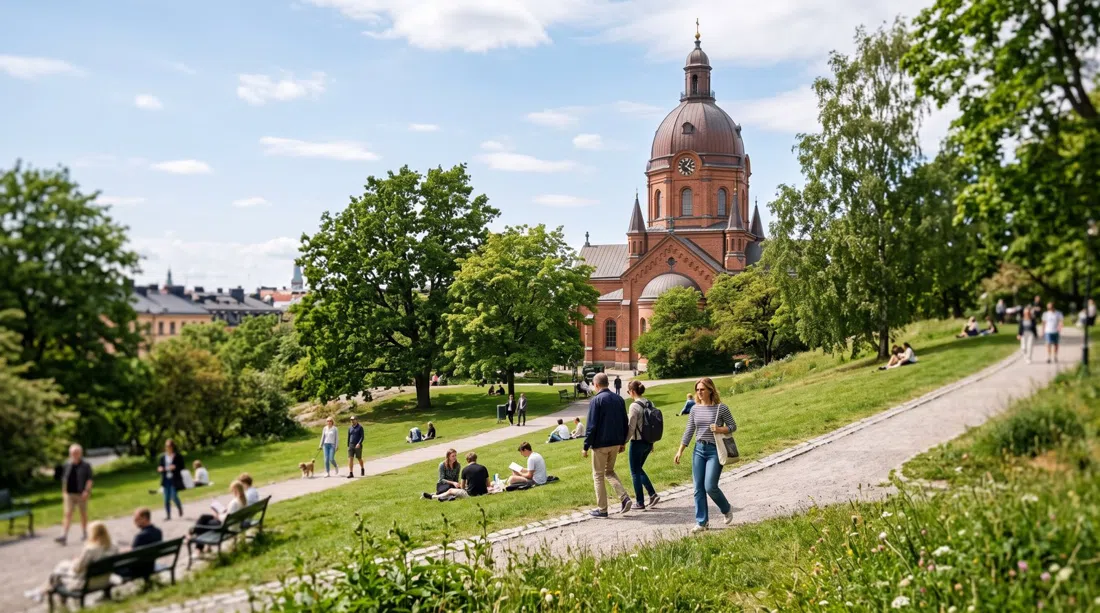 Vitabergsparken around Sofia Church on a bright afternoon, grassy slopes, trees and the church rising above the park