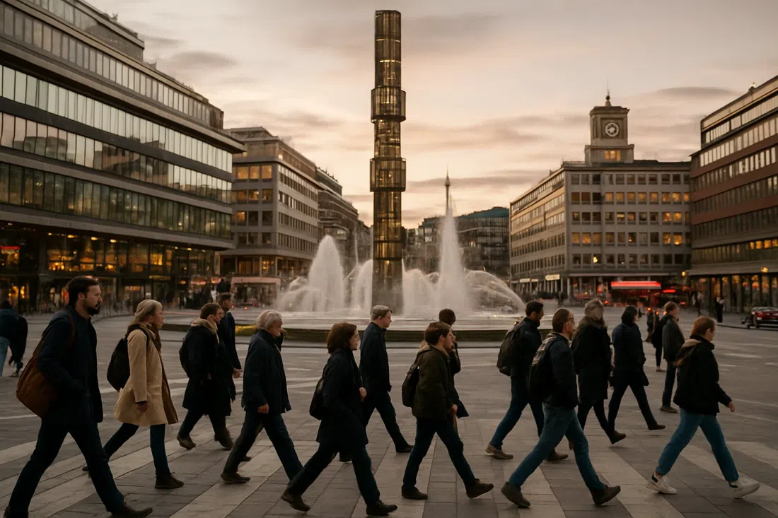 Sergels Torg at rush hour, the glass obelisk rising from the fountain above the Plattan as commuters cross the square under evening light