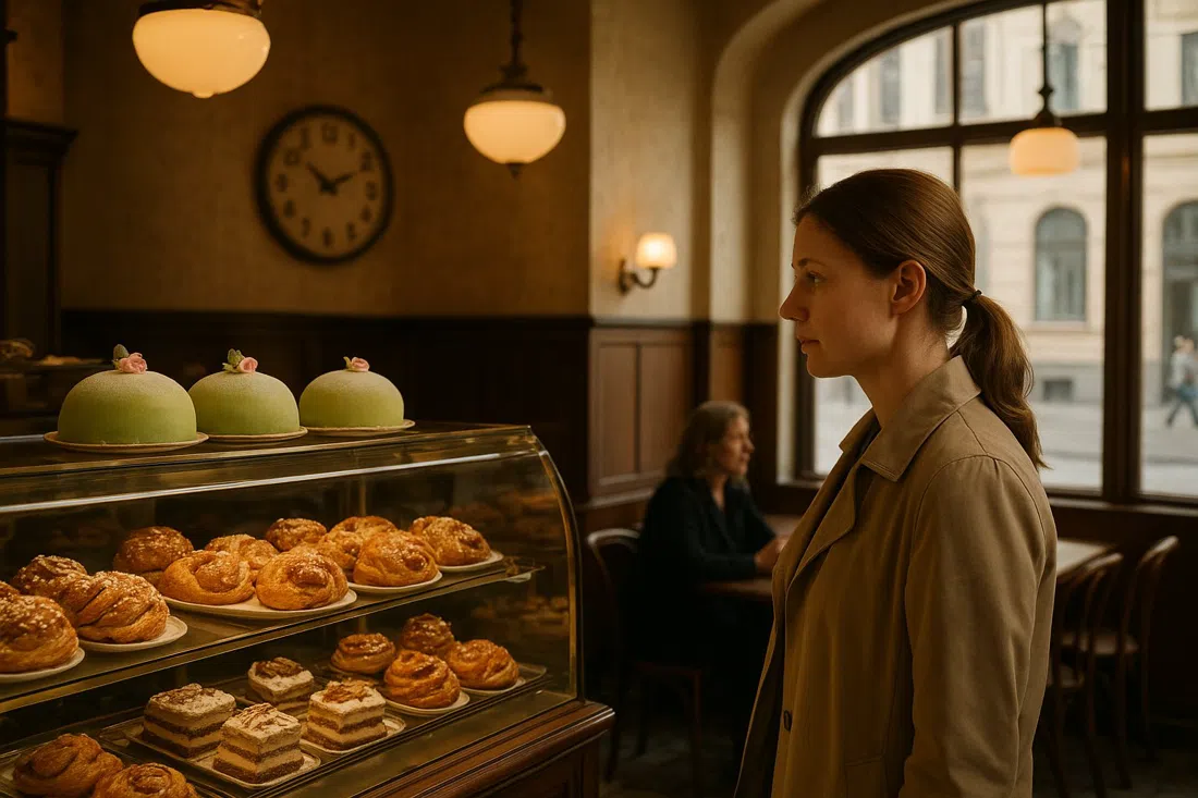 the 1920s rooms inside Vete-Katten on Kungsgatan, with cake cases of princess cake, cardamom buns and Budapest cake under warm café light