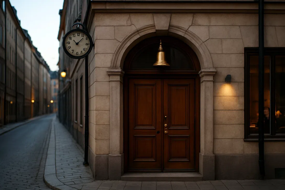 the bell-entry doorway at Frantzén in a 19th-century townhouse, with a quiet evening street and the discreet entrance framed close-up