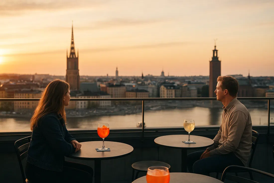 TAK’s rooftop terrace above Brunkebergstorg at sunset, with cocktails on tables and the Stockholm skyline visible beyond the glass