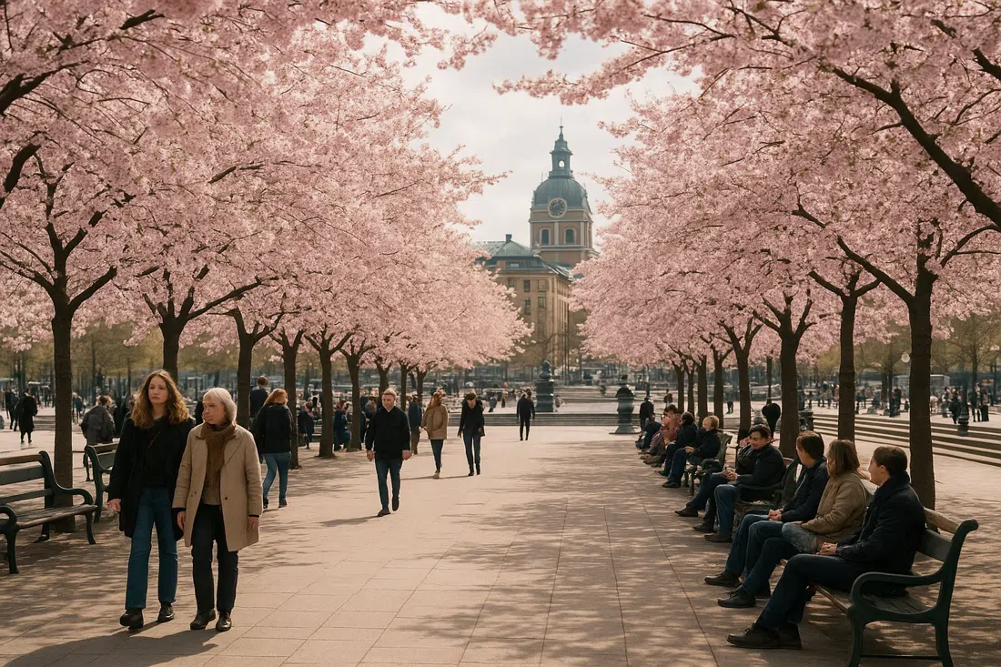 Kungsträdgården in spring, rows of Japanese cherry trees in bloom with people gathering under pale pink branches and the formal park path leading toward the water