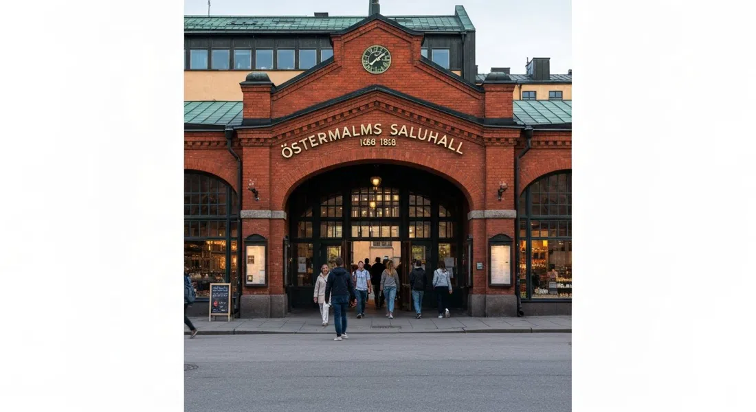 Östermalms Saluhall’s red-brick facade at street level, with market-goers entering beneath the restored 1888 hall in soft morning light