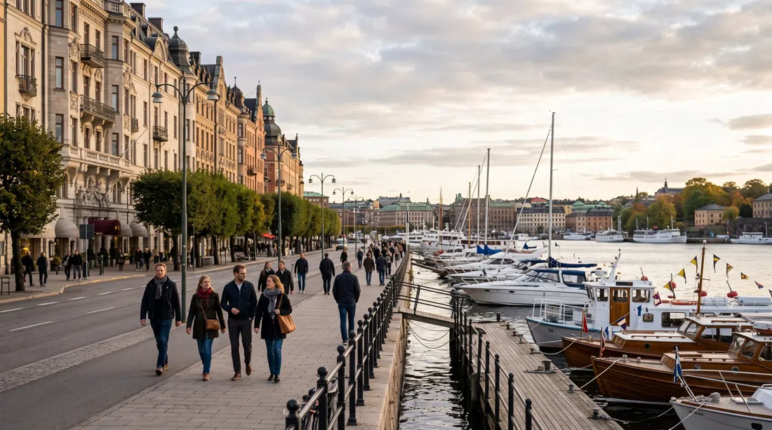 Strandvägen’s harbour boulevard with 19th-century mansions on one side and moored boats on the other in late-afternoon light