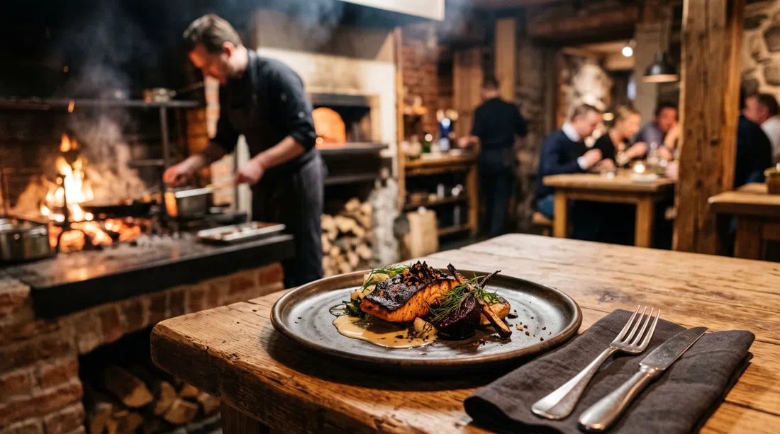 a tasting-menu dish at Ekstedt, lit by fire glow, with charred textures and smoke-scented fine dining presentation