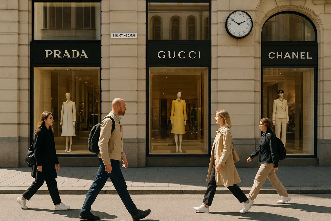 Biblioteksgatan’s luxury storefronts with Prada, Gucci and Chanel windows and shoppers passing in a bright daytime scene