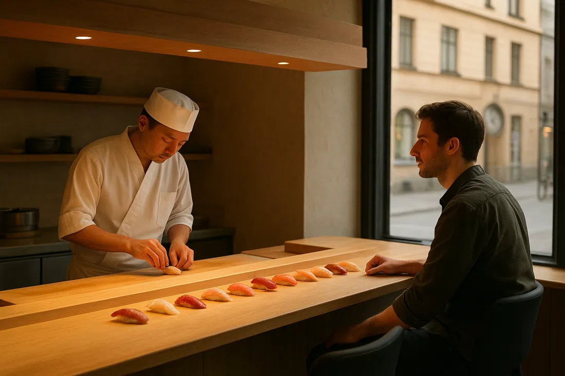 Sushi Sho’s intimate twelve-seat counter on Upplandsgatan, chef-prepared Edomae sushi lined up under focused counter lighting