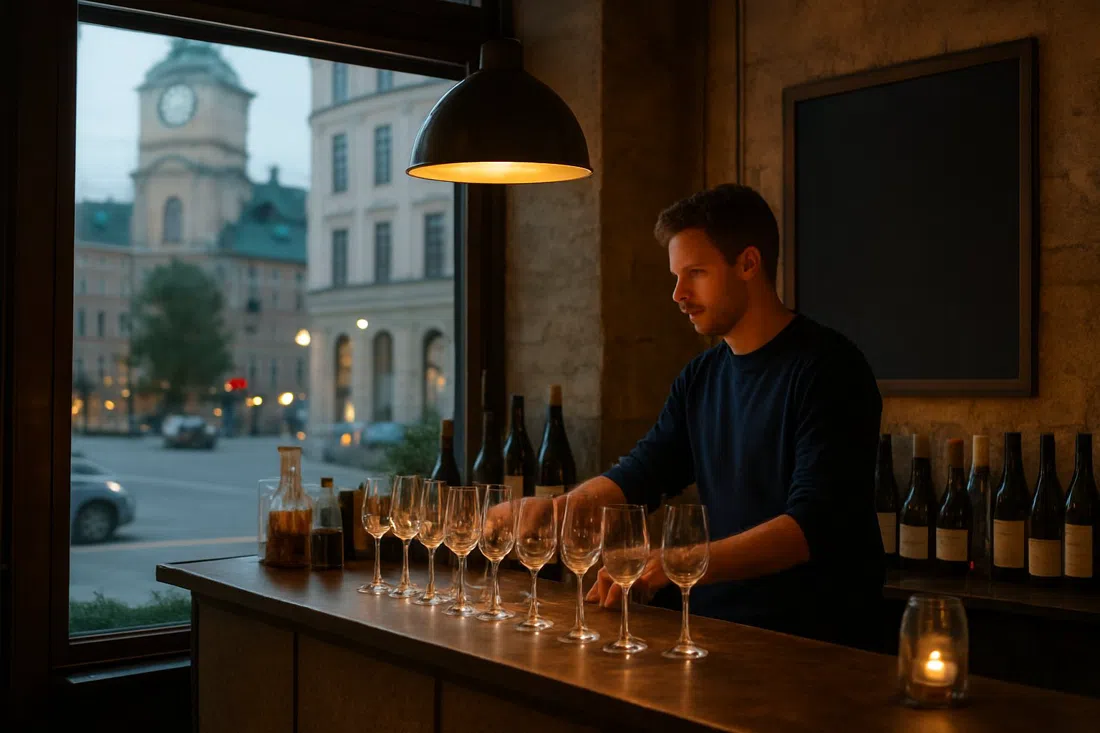 Savant Bar in evening mode, coffee counter turned natural-wine bar with softly lit glasses and a daily-changing list
