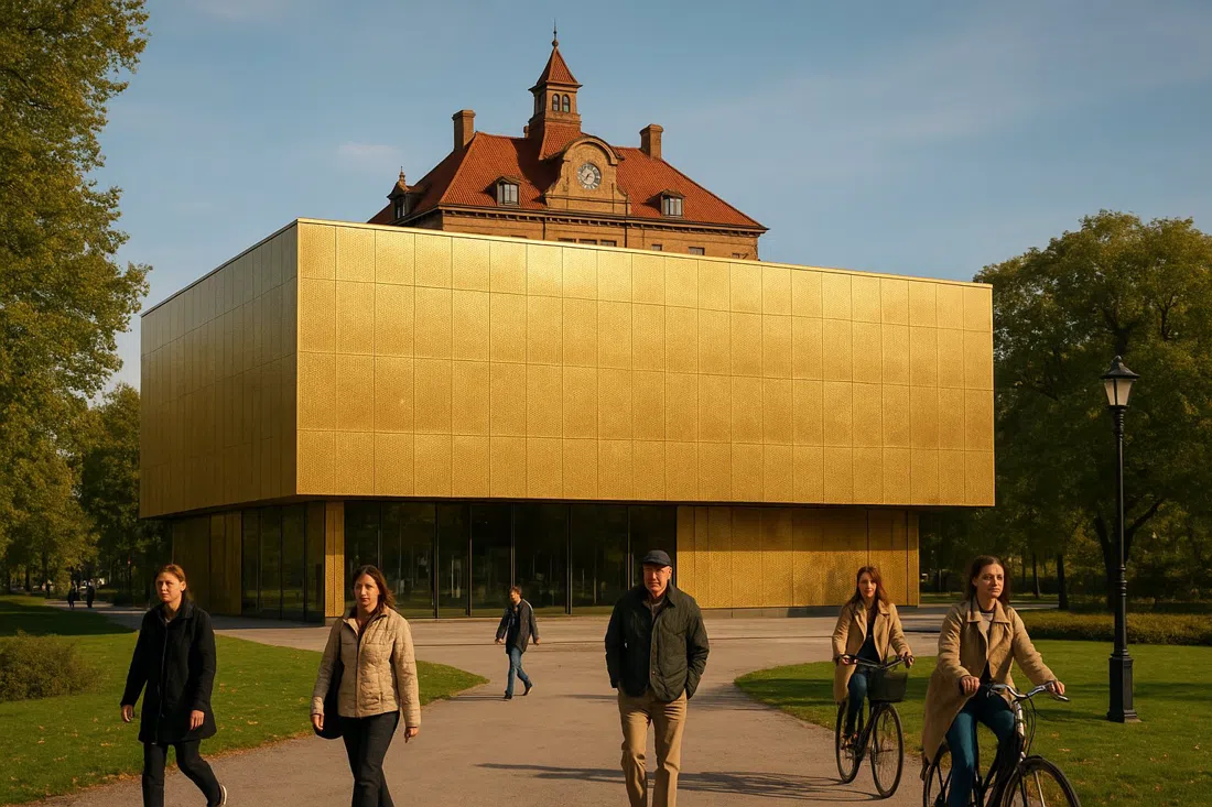 Sven-Harry’s Art Museum in Vasaparken, gold-tinted facade catching daylight with the rooftop manor house visible above
