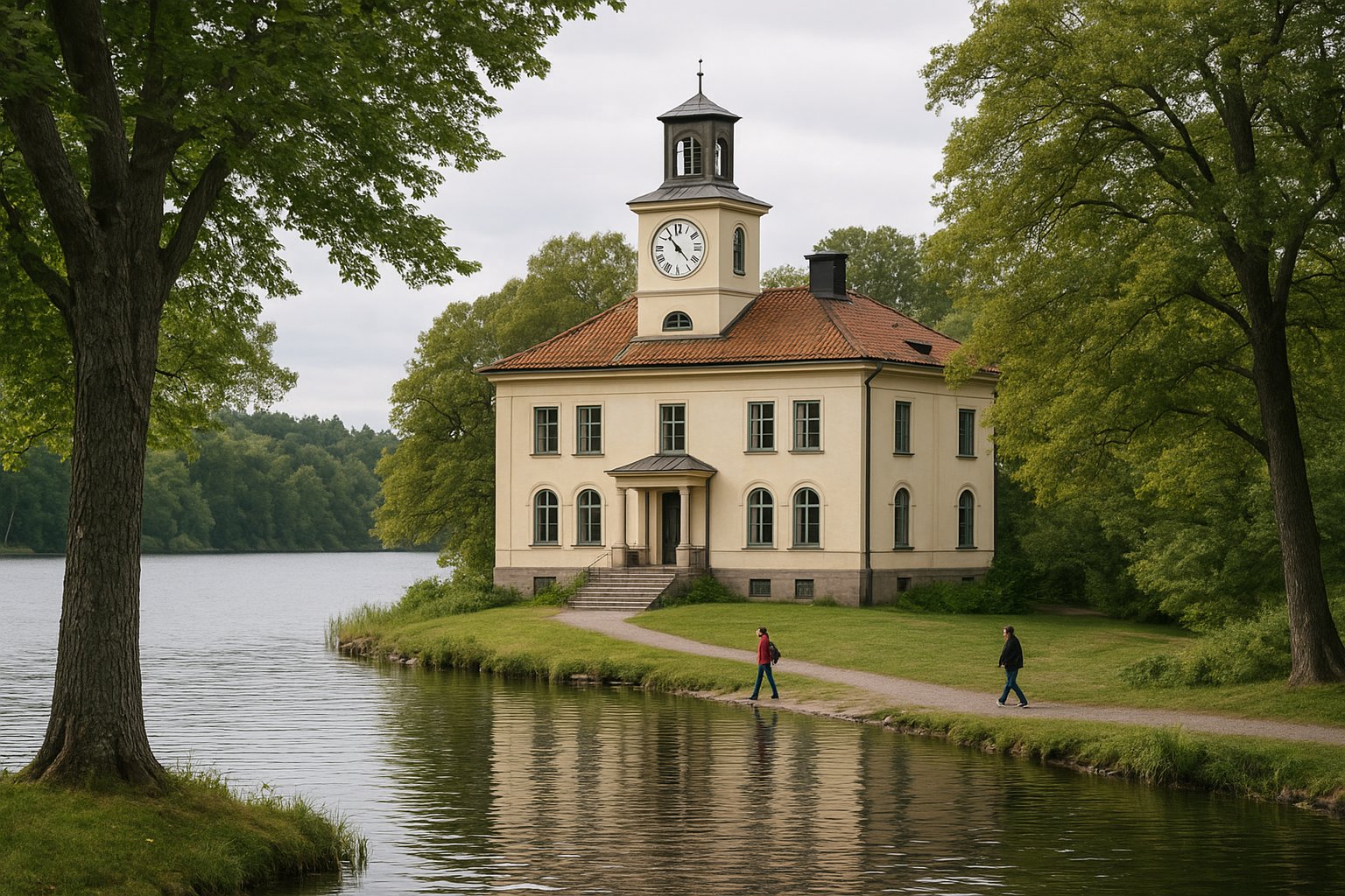 Thielska Galleriet auf Blockhusudden in ruhiger Seelage, Villafassade von Bäumen umrahmt und ruhiges Wasser dahinter