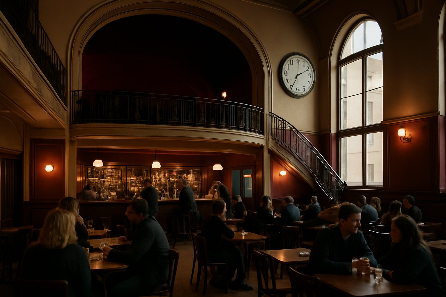 Paraden Kvarterskrog & Barservering a Gärdet, Stoccolma, che mostra l’interno dell’ex cinema con posti a balcone e calda luce serale del bar