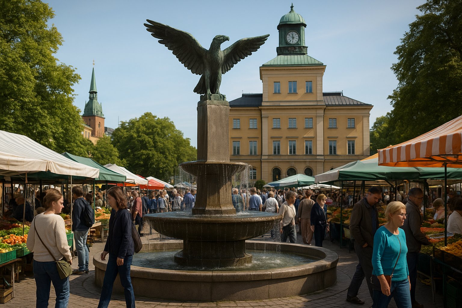 Karlaplan a Gärdet, Stoccolma, con la fontana centrale e la scultura in bronzo di Carl Milles incorniciata da un’atmosfera da mercato del sabato