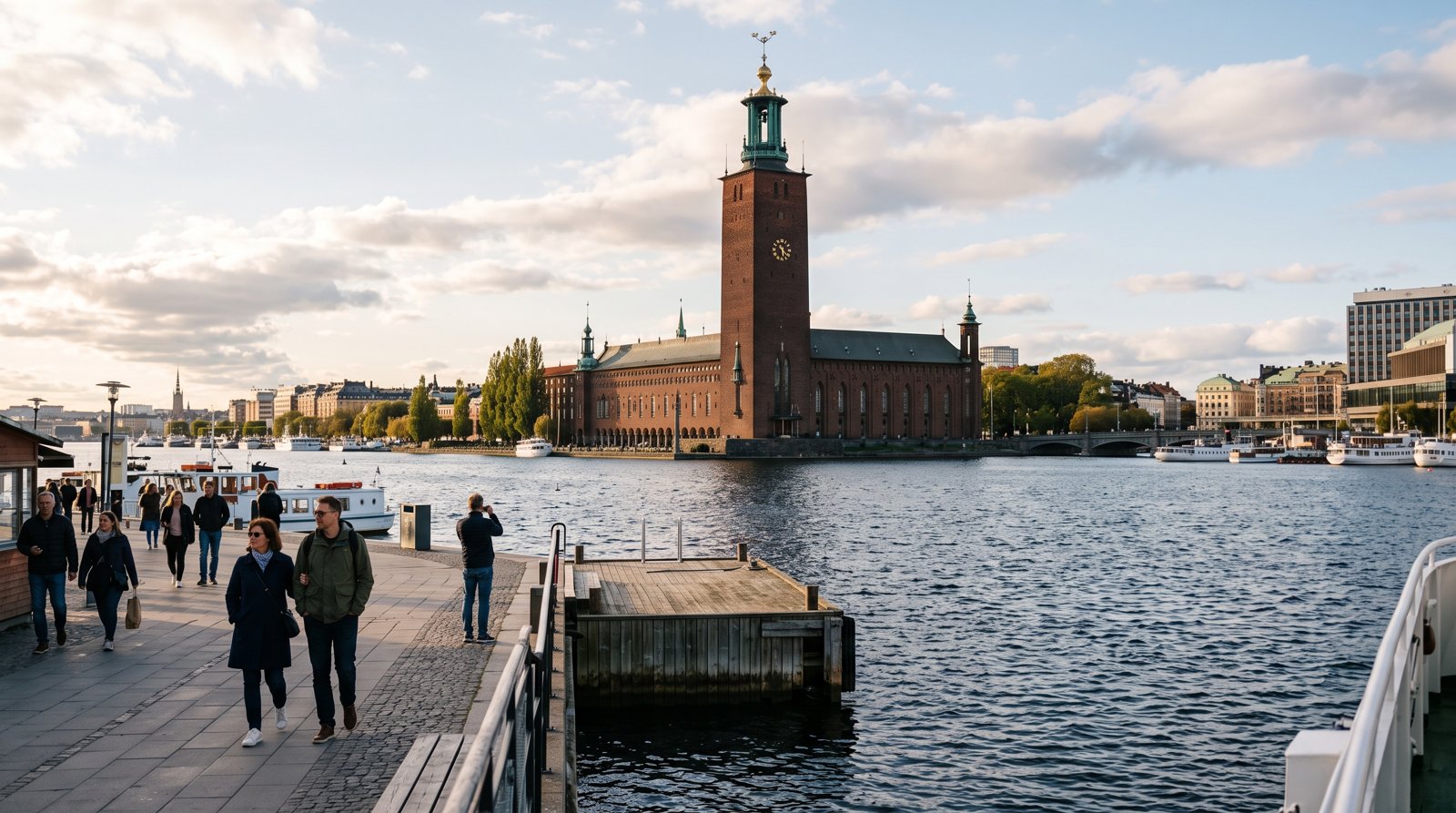 Stockholm City Hall’s red-brick tower above Riddarfjärden at late afternoon, seen from the water with the copper-green spire and the waterfront promenade in the foreground