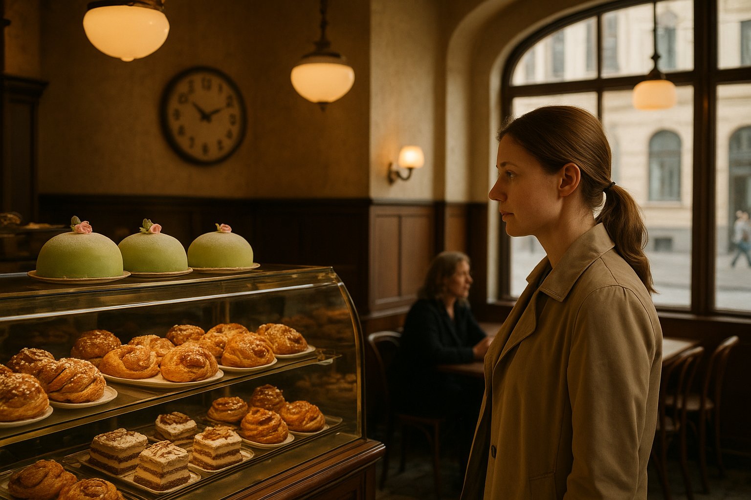 the 1920s rooms inside Vete-Katten on Kungsgatan, with cake cases of princess cake, cardamom buns and Budapest cake under warm café light