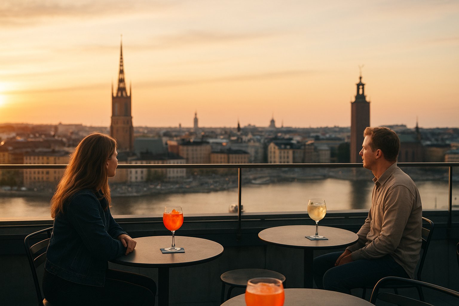 TAK’s rooftop terrace above Brunkebergstorg at sunset, with cocktails on tables and the Stockholm skyline visible beyond the glass