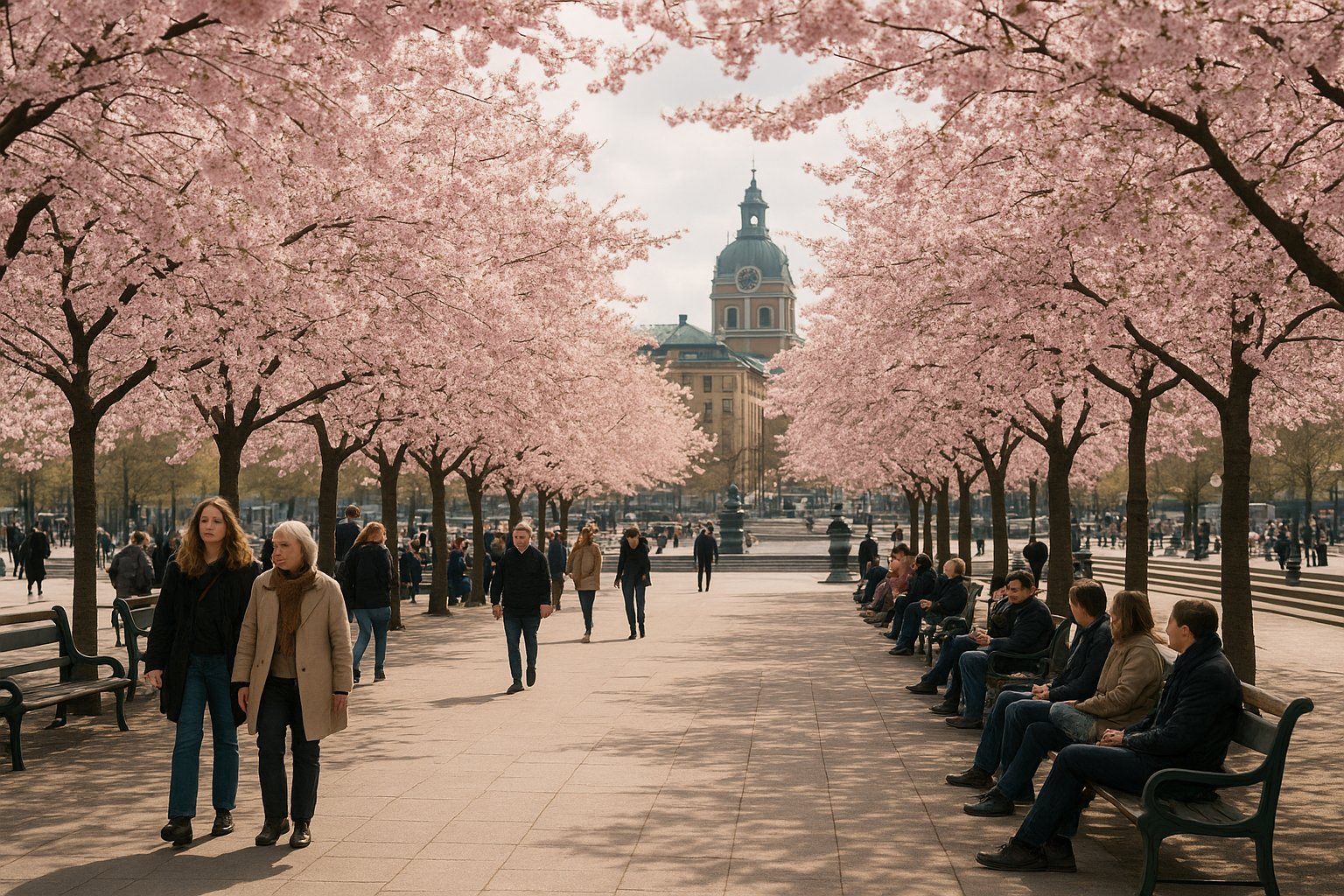Kungsträdgården in spring, rows of Japanese cherry trees in bloom with people gathering under pale pink branches and the formal park path leading toward the water